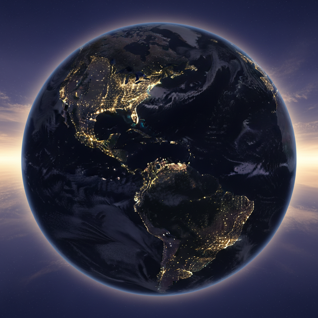 An ultra-detailed satellite view of Earth at night, captured from high orbit, with Puerto Rico sharply in focus at the center, its lights sparkling against the deep navy of the Caribbean. Surrounding regions glow with distinct city clusters, while faint cloud formations drift above the continents. The curvature of the planet is emphasized by a thin rim of sunrise along the horizon, casting a soft gradient from indigo to pale gold. The lighting is naturally dramatic, with illuminated landmasses emerging from darkness. Shot with a cinematic, wide-angle perspective, the composition is symmetrical and immersive, with photographic realism highlighting both the fragility and interconnectedness of the globe, underscoring a news agency’s vantage point on world events from Puerto Rico.