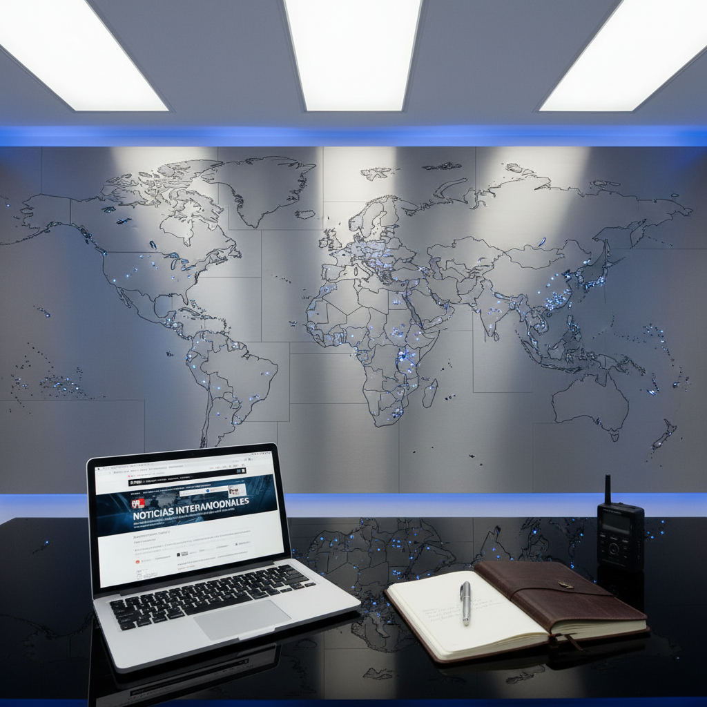 A polished brushed-metal world map wall installation, each continent crafted with intricate etched borders and tiny embedded LED indicators, dominates the background of a sophisticated editorial control room. In the foreground, a glossy black desk holds neatly arranged tools of journalism: a high-end laptop with a Spanish-language news homepage, a leather-bound notebook, and a digital audio recorder. Cool white overhead panel lights blend with a subtle blue glow from recessed wall lighting, creating a calm yet alert atmosphere. Captured from a slightly elevated angle with sharp focus throughout, the photographic image emphasizes order, precision, and global connectivity, perfectly suited for a professional international news agency image header.
