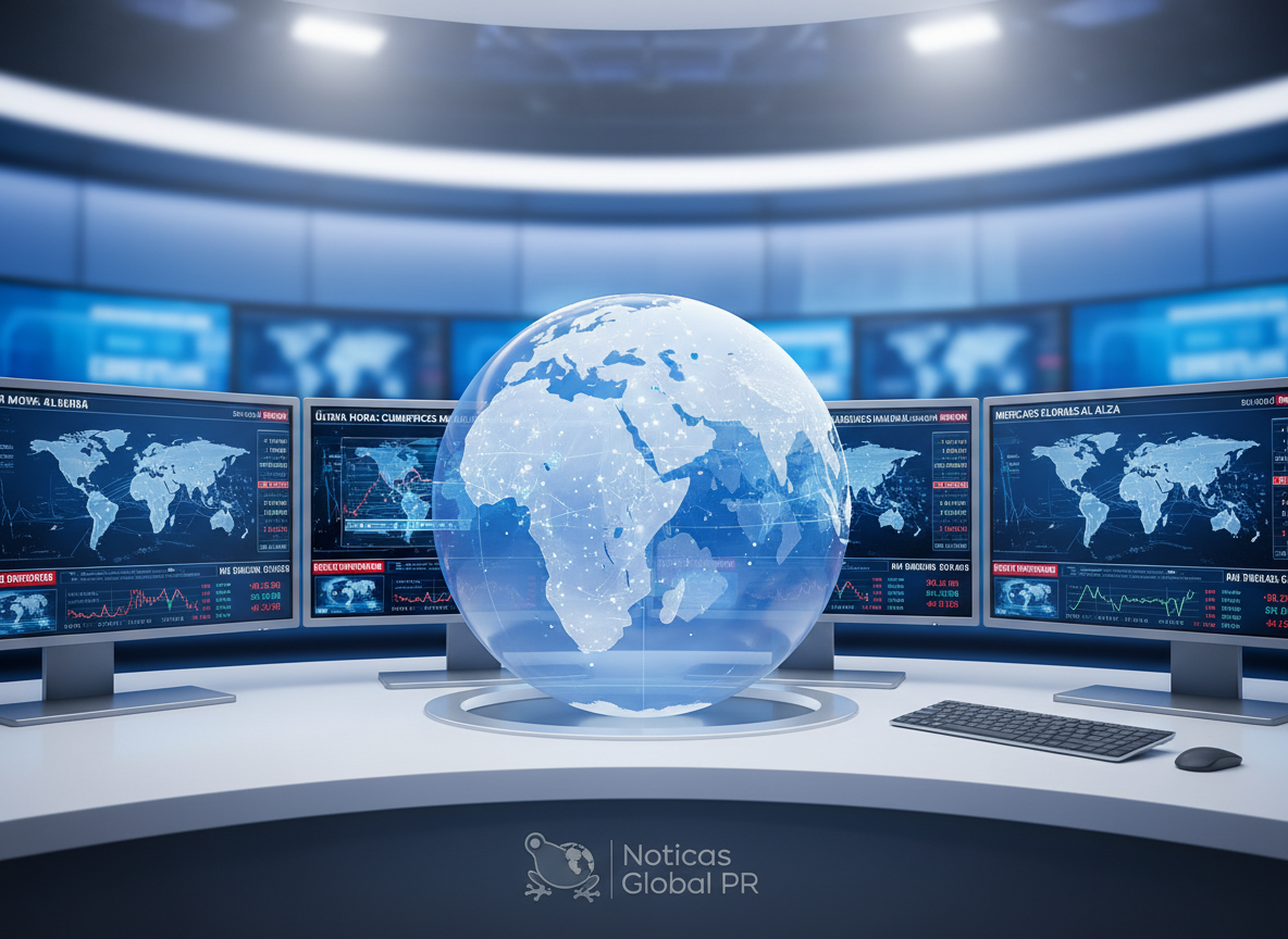 A sleek, oversized digital globe made of luminous blue glass sits in the center of a minimalist newsroom-style desk, its continents delineated with crisp white lines and tiny glowing data points. Surrounding the globe are high-resolution, ultra-thin monitors displaying sharp world maps, stock tickers, and breaking news banners in Spanish. Cool, diffused studio lighting from above and behind creates subtle reflections on the glass surfaces and a professional, high-tech atmosphere. Shot at eye level with a slightly wide-angle lens, the composition uses the rule of thirds, keeping the globe as the clear focal point while the monitors blur gently into the background. Photographic realism with a clean, modern aesthetic reinforces the authority and global focus of a serious news agency based in Puerto Rico.